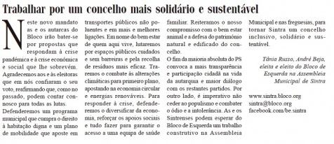 Texto Publicado no Jornal de Sintra de 29 de Outubro de 2021